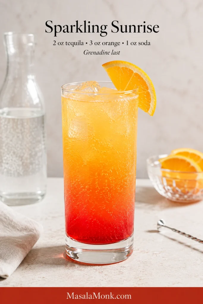 Sparkling Tequila Sunrise in a tall glass with visible bubbles, orange upper layer, red base and orange garnish.