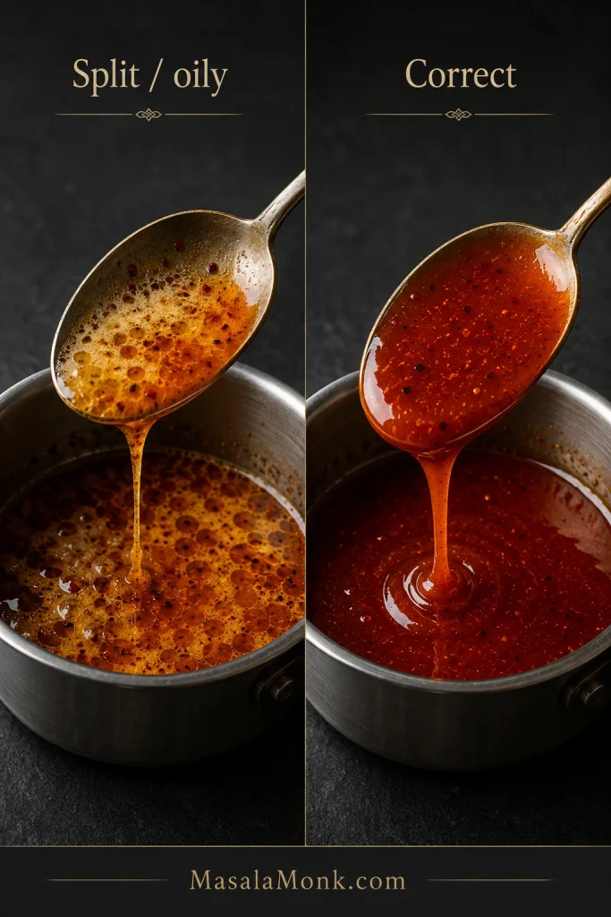 Two-panel comparison of separated oily hot honey and smooth, cohesive pepper-flecked hot honey.