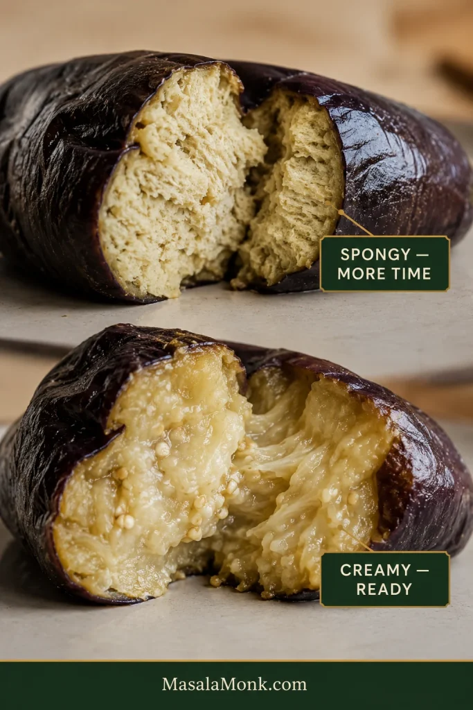 Comparison of eggplant showing a pale dry fibrous center labeled “Spongy — more time” and a soft glossy center labeled “Creamy — ready.”