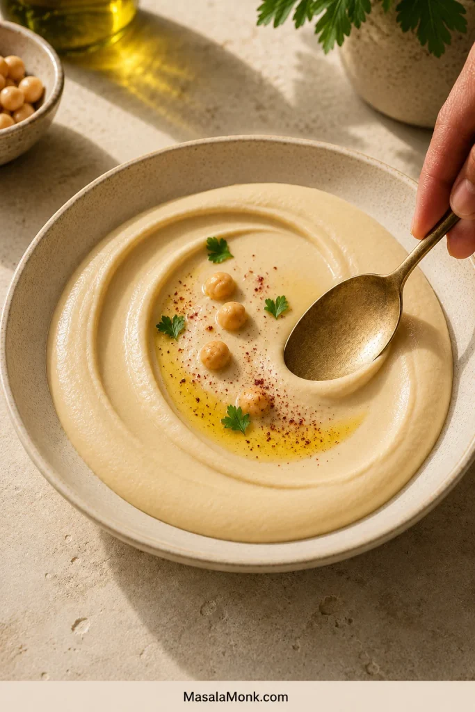 Hand drawing a shallow spiral through hummus with a brass spoon beside olive oil, chickpeas and parsley.