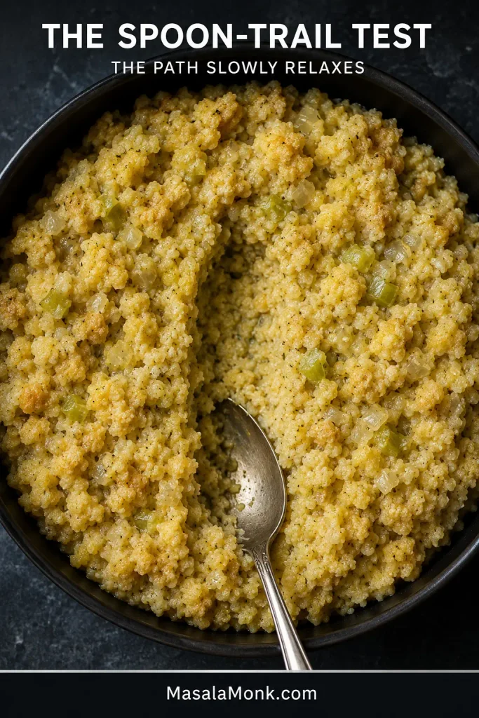 A spoon creates a shallow channel through very moist unbaked cornbread dressing; the soft sides of the trail begin to relax inward without pooled broth.