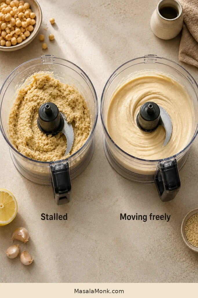 Illustrated visual guide comparing stalled dense hummus with hummus circulating around a food processor blade.