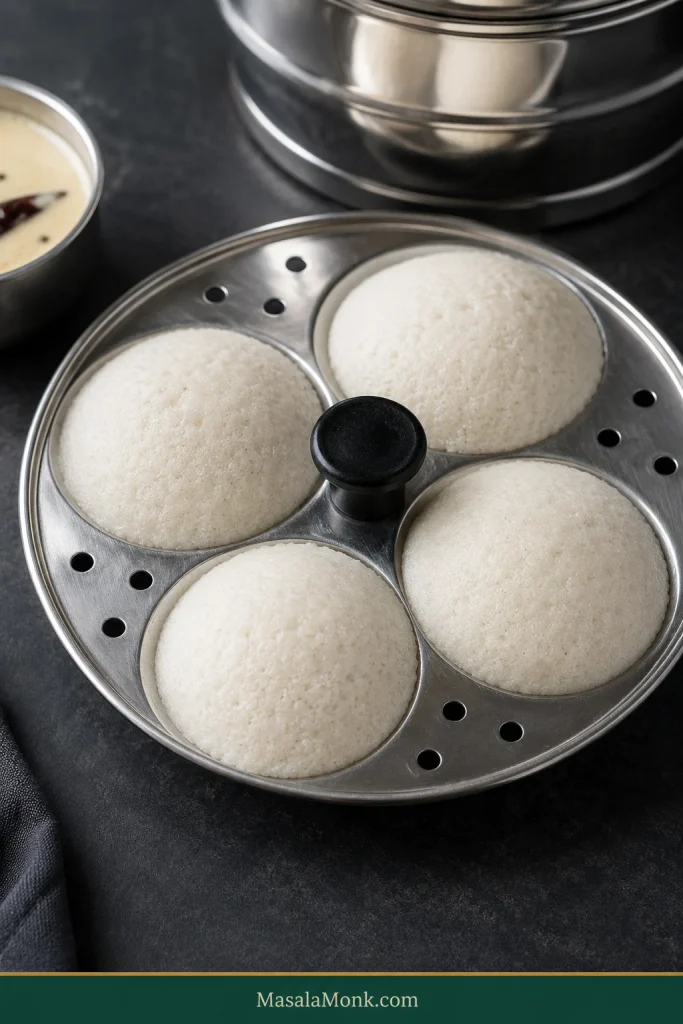 Steamed idlis still in a stainless-steel mould with natural ivory, matte, set tops and gentle domes.