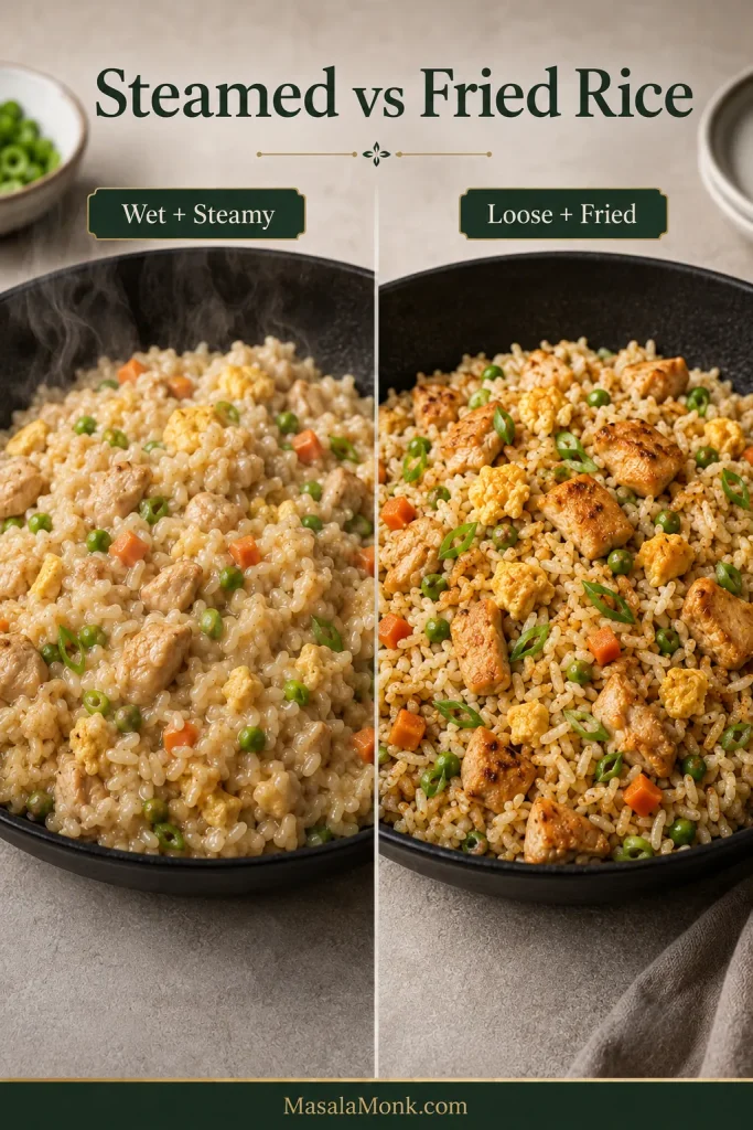 Side-by-side comparison of wet clumped chicken fried rice and properly fried rice with loose separate grains and scattered toasted areas.