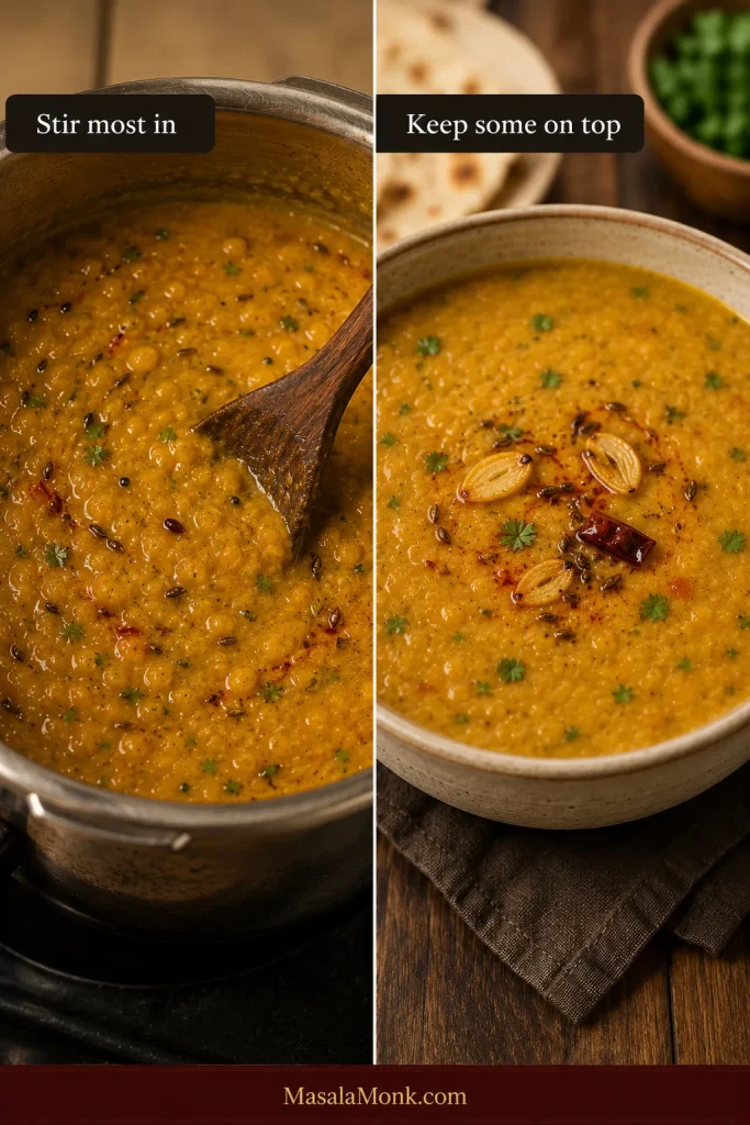 Split image showing tadka stirred through a pot of dal and a smaller portion left visible on the served bowl.