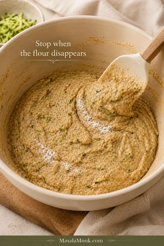 Zucchini bread batter being gently folded with a spatula while a few final streaks of dry flour remain visible.