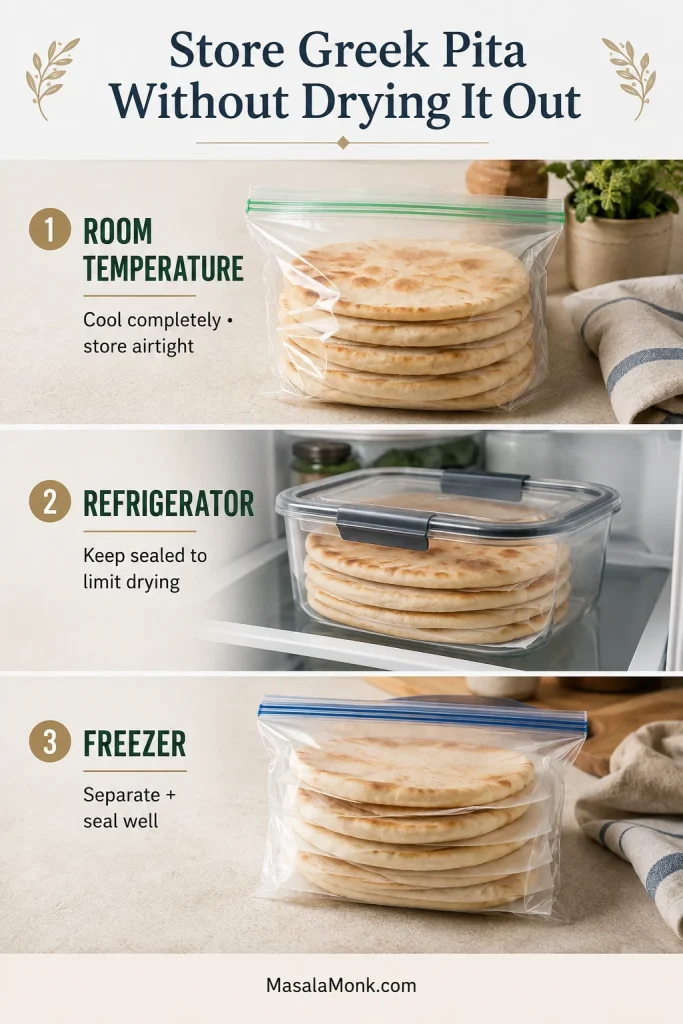 Greek pita storage guide showing cooled bread sealed airtight at room temperature, sealed in the refrigerator, and parchment-separated in a freezer bag.