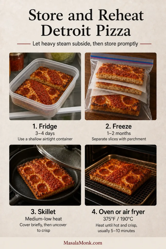 Four-part guide showing Detroit pizza refrigerated in a shallow container, frozen with parchment, reheated in a skillet, and warmed in an oven or air fryer.