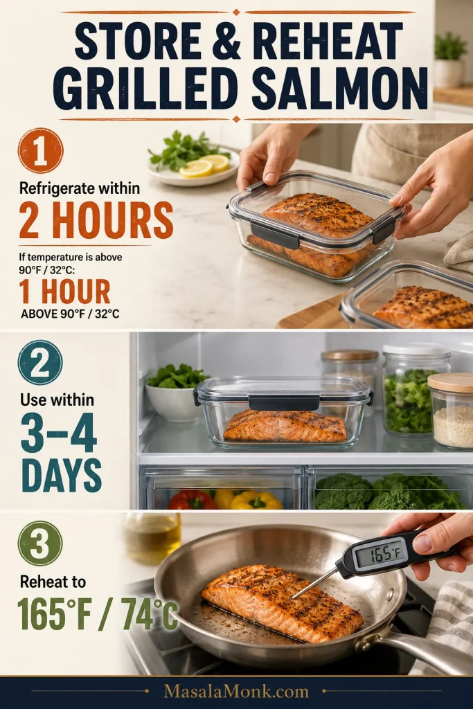 Three-part storage guide showing cooked salmon placed in a sealed glass container, stored in a refrigerator, and reheated in a pan while a thermometer reads 165°F.
