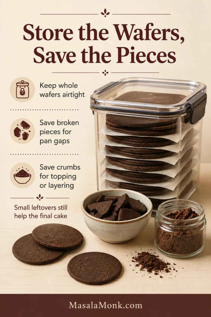 Airtight container of round chocolate wafers separated by parchment, with bowls of broken wafer pieces and chocolate crumbs.