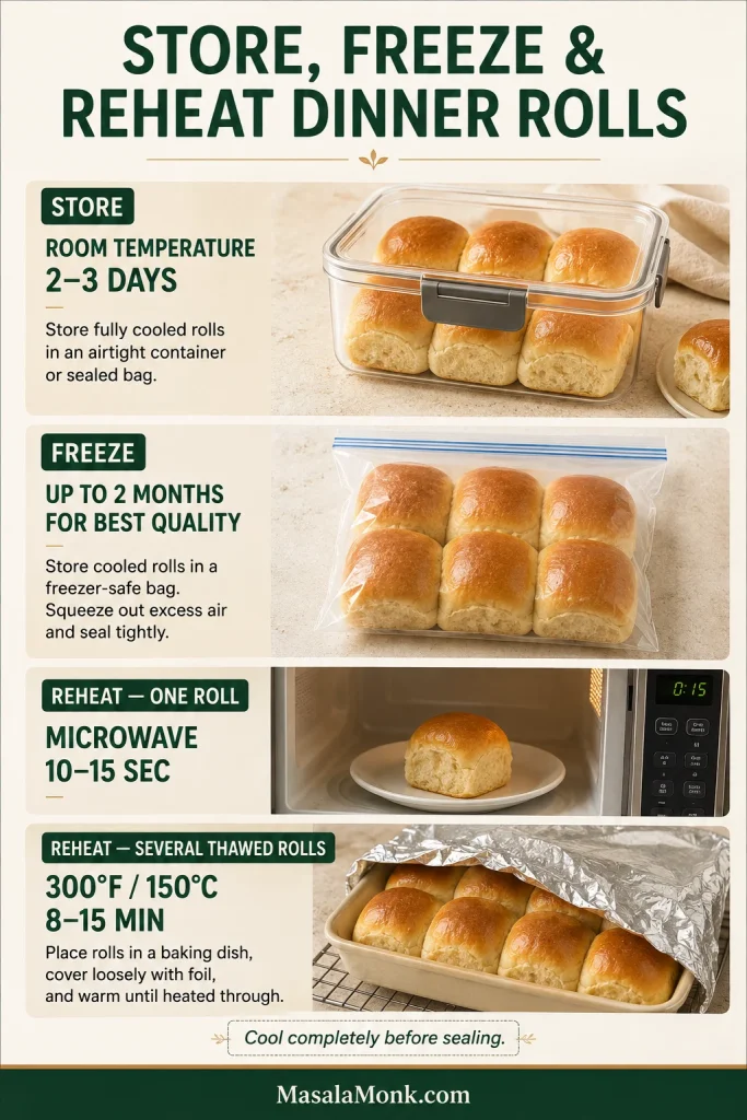 Storage and reheating guide showing dinner rolls stored airtight at room temperature, frozen, microwaved individually and reheated together in the oven.