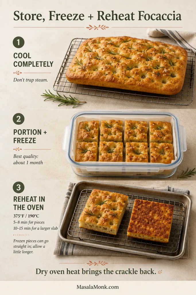 Three-stage guide showing focaccia cooling on a rack, portioned in a freezer container, and reheated in the oven.