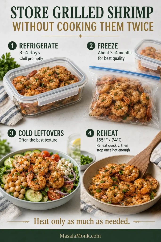 Four-part storage guide showing grilled shrimp refrigerated in an airtight container, frozen in a freezer bag, served cold in a salad and reheated in a bowl.