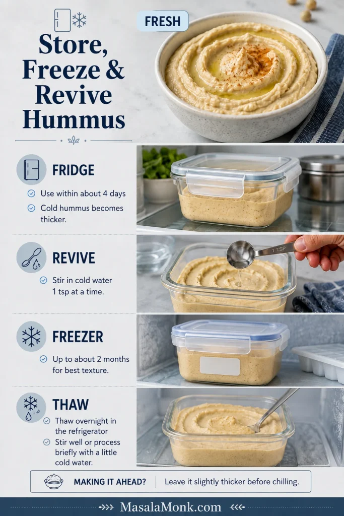 Storage guide showing fresh hummus, an airtight refrigerated container, water being added to chilled hummus, frozen hummus and thawed hummus.