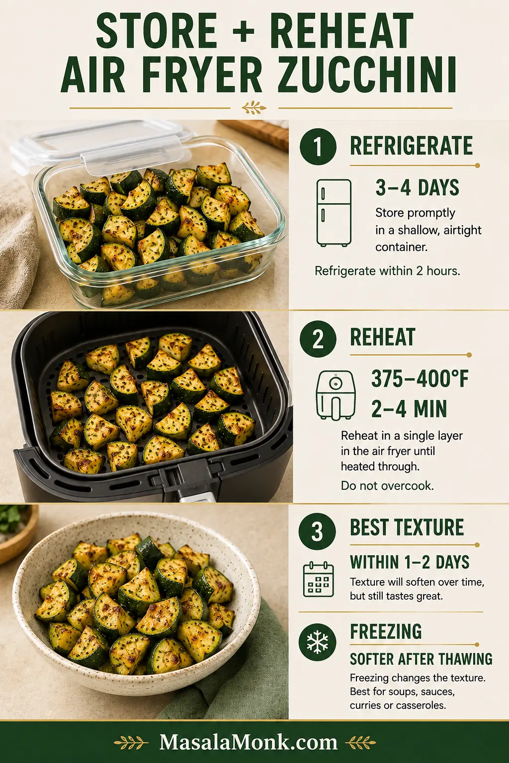 Vertical storage guide showing zucchini in a shallow lidded container, a single layer reheating in an air fryer and notes about refrigeration and freezing.