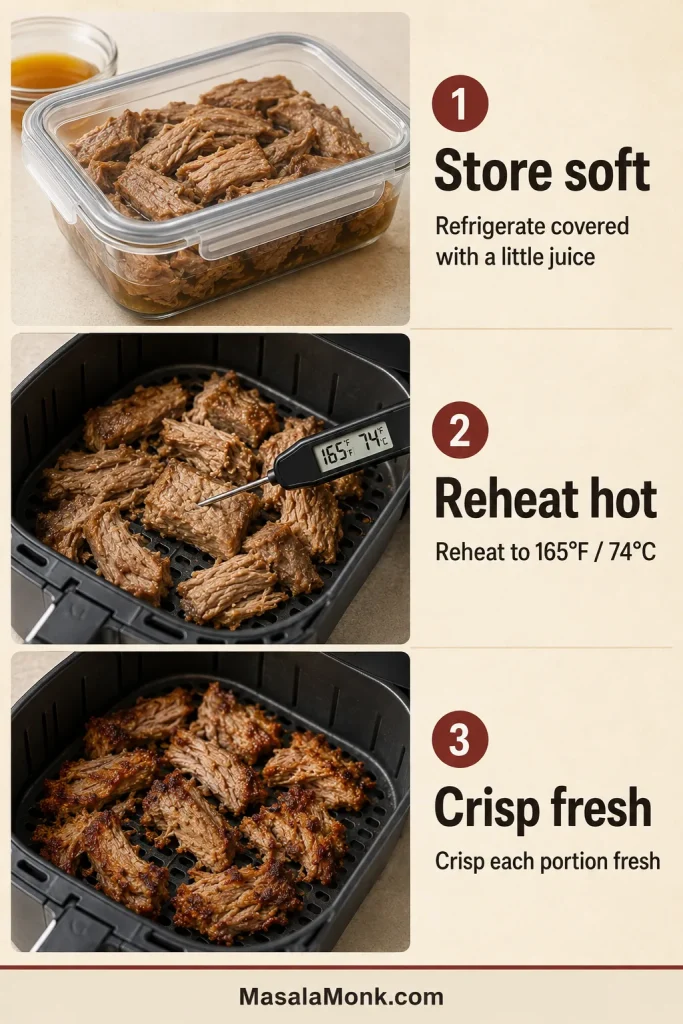 Three-step infographic shows soft pork refrigerated with juice, reheated to 165°F in an air fryer and then crisped until browned.
