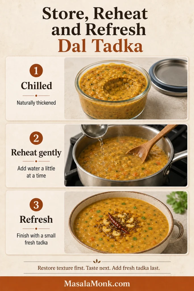 Three stages showing chilled thick dal, gentle reheating with added water and refreshed dal finished with fresh tadka.