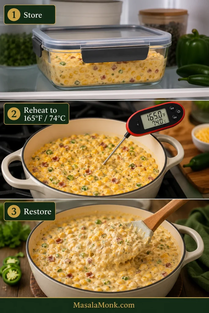 Three-step guide showing leftover corn dip in a covered glass container, reheating in a pot with a thermometer reading 165°F and 74°C, and the creamy dip being stirred after reheating.