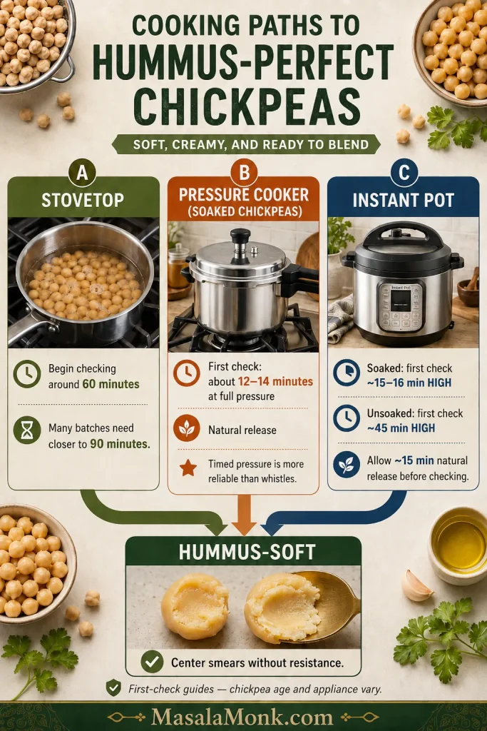 Guide showing stovetop, Indian pressure cooker and electric pressure cooker methods leading to very soft chickpeas for hummus.