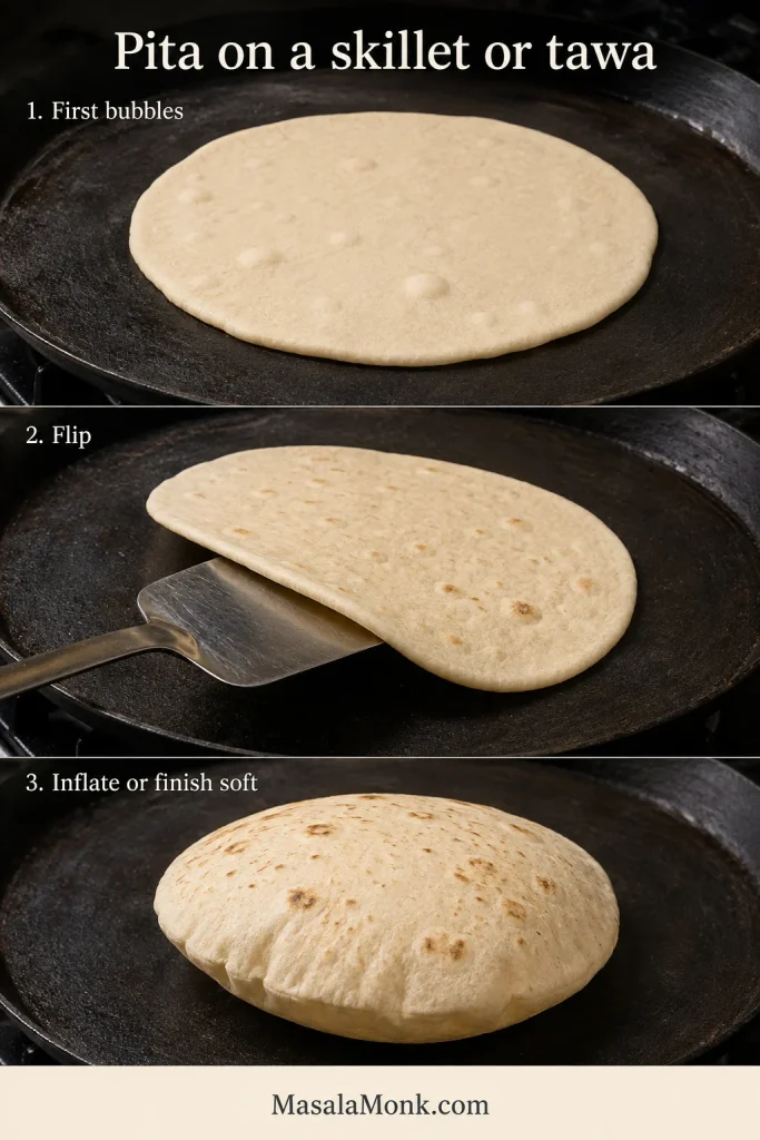Three-stage sequence showing bubbles forming on pita, the round being flipped and the bread finishing soft on a tawa.