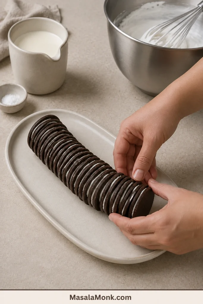 Hands gently straightening a slightly curved uncoated chocolate wafer log on an ivory platter.