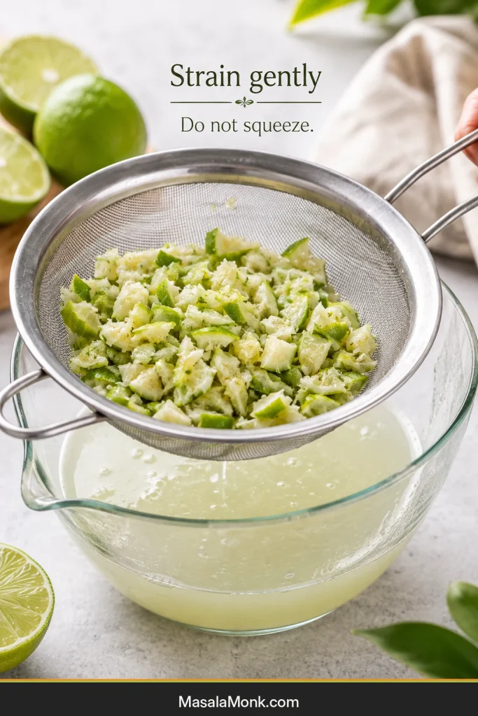 Coarse lime pulp draining through a fine-mesh sieve into a bowl without being pressed or squeezed.