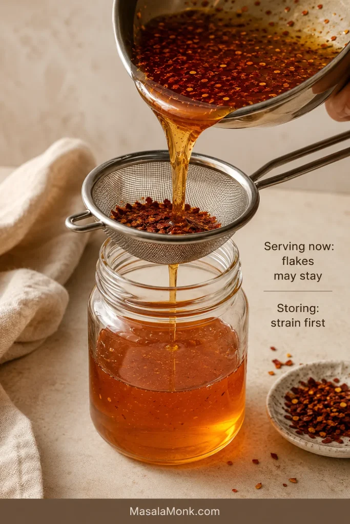 Dried-chilli hot honey being poured through a fine metal strainer into a clean glass jar while the chilli flakes remain trapped in the mesh.