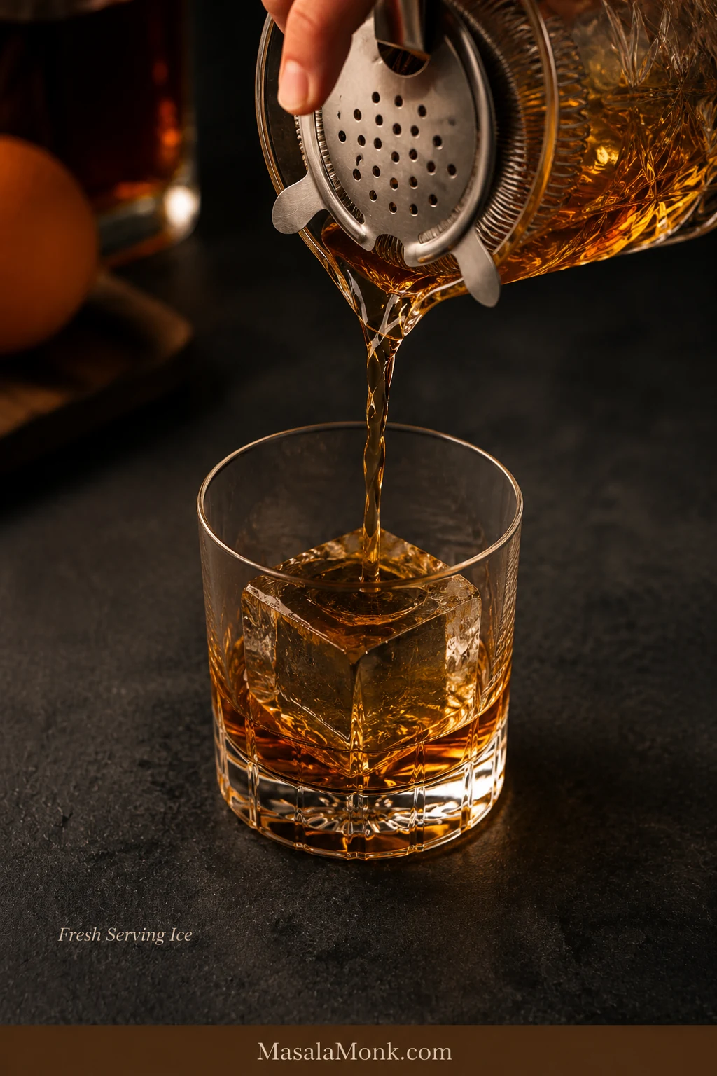 Old Fashioned being strained through a metal strainer into a rocks glass containing one large ice cube.