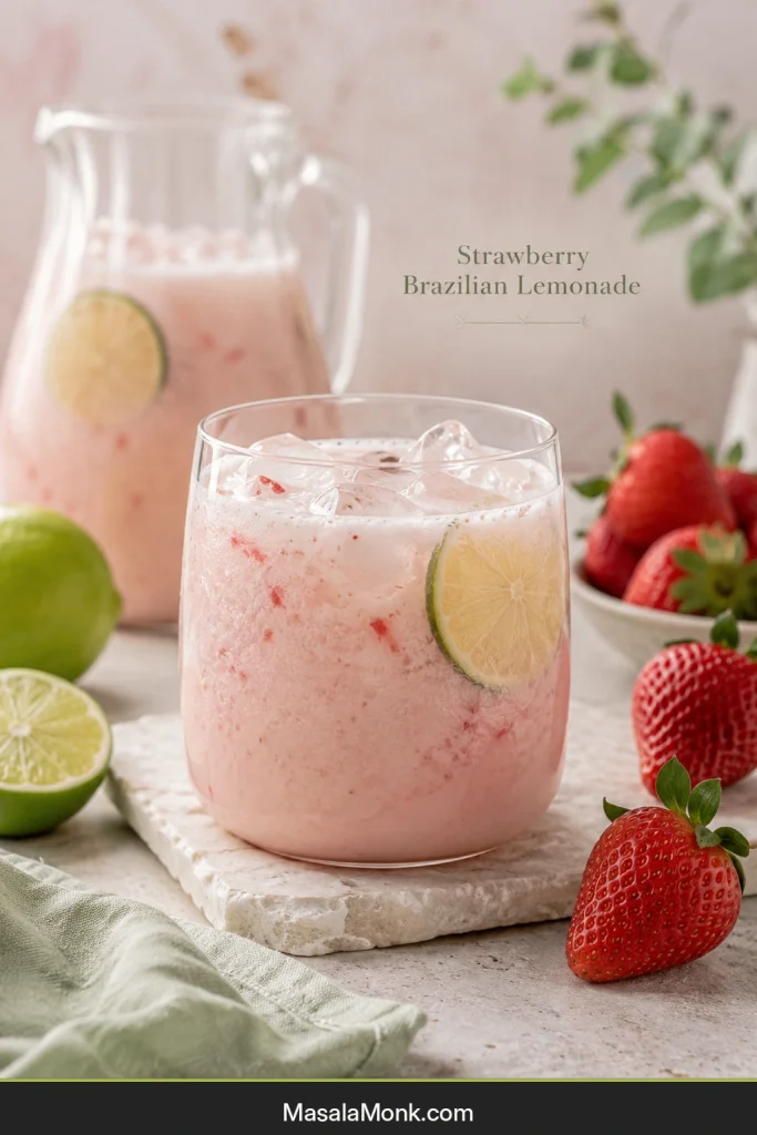 Pale pink strawberry Brazilian lemonade with ice and light foam, surrounded by fresh strawberries and green limes.