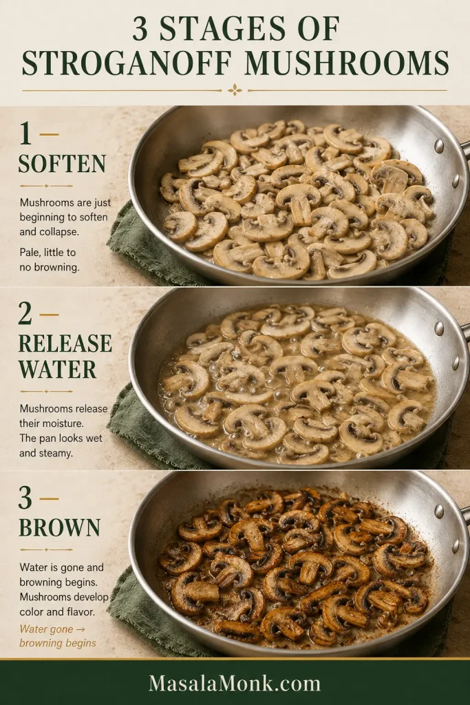 Three stages of sliced cremini mushrooms in one skillet: initially softening, sitting in released liquid, and finally browned after the moisture has evaporated.