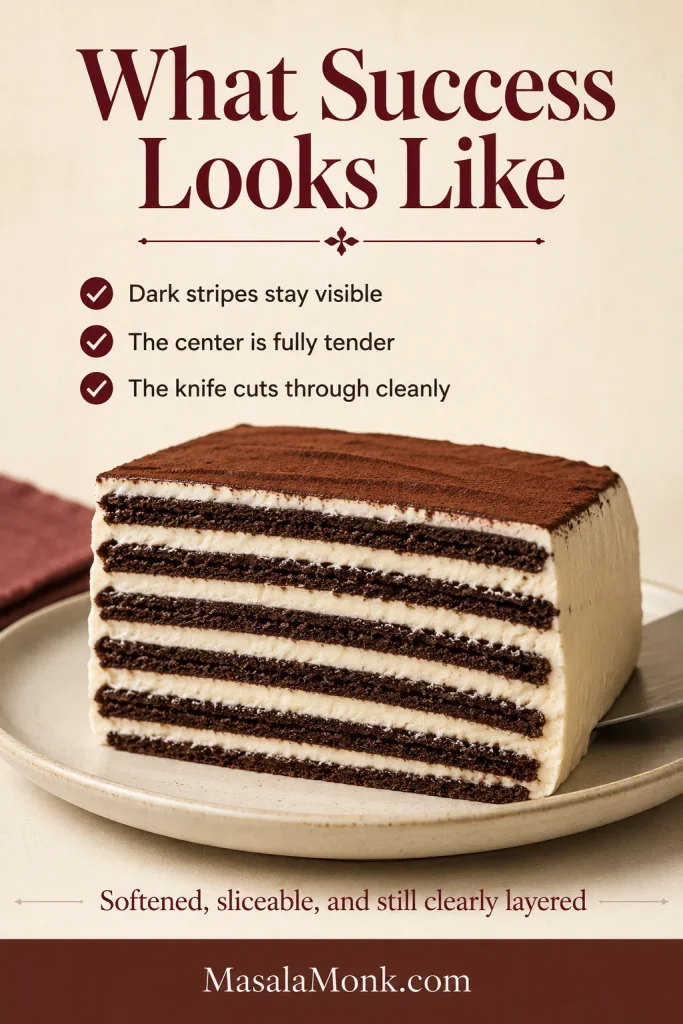 Clean slice of chocolate wafer icebox cake with even dark cookie stripes, pale cream layers, and a cake server behind it.