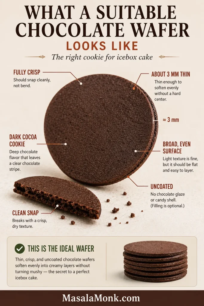 Annotated round chocolate wafer with callouts identifying its thin edge, crisp break, flat surface, dark cocoa color, and uncoated finish.