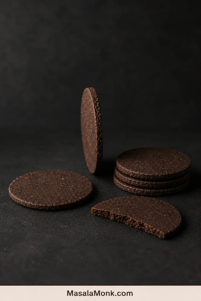 Thin dark chocolate wafers shown flat, upright, stacked and broken to reveal a dry crisp baked crumb.
