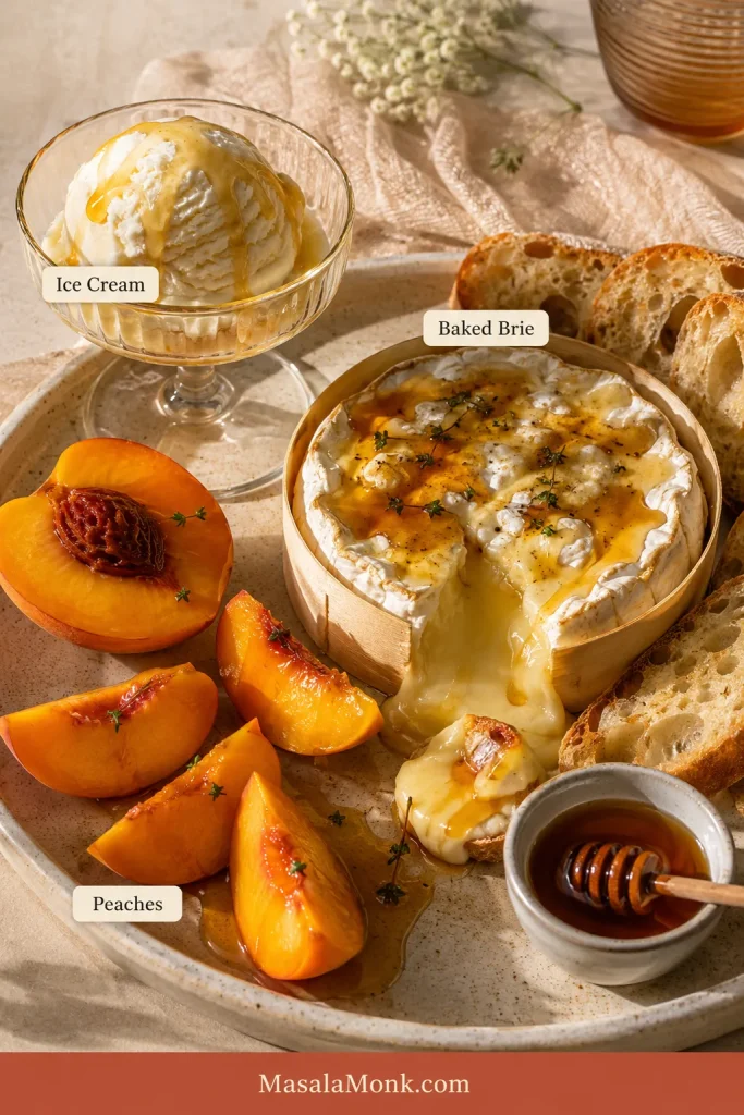 Hot honey drizzled over vanilla ice cream, baked brie and ripe peaches in one bright editorial food arrangement.