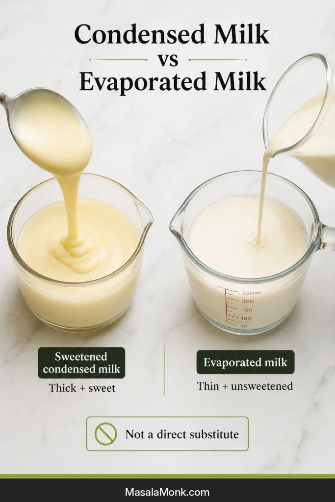 Thick sweetened condensed milk ribboning from a spoon beside thinner evaporated milk pouring from a small jug.
