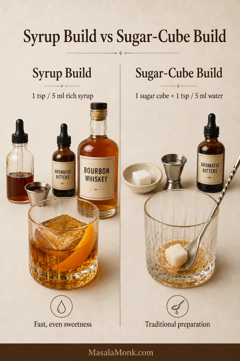 Split guide comparing a rich-syrup Old Fashioned with a sugar cube being dissolved with water in a second glass.