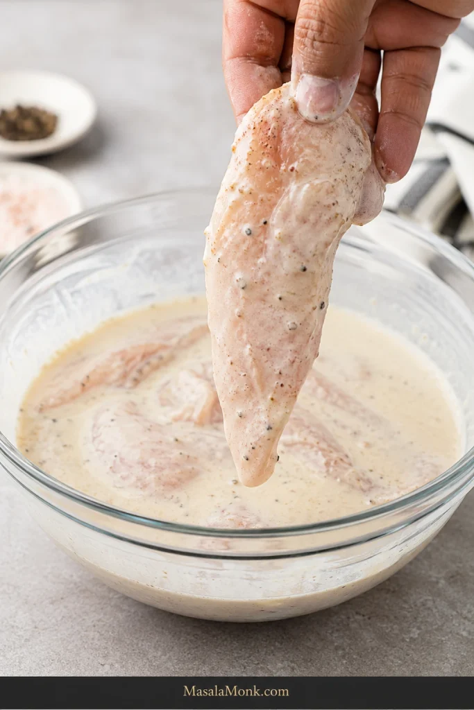 Buttermilk-marinated chicken tender lifted from a bowl with a moist, tacky surface and no heavy streams of marinade.