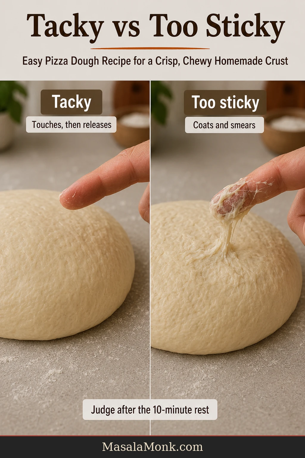 Close comparison of tacky pizza dough releasing almost cleanly from a fingertip and overly sticky dough coating the finger and work surface.