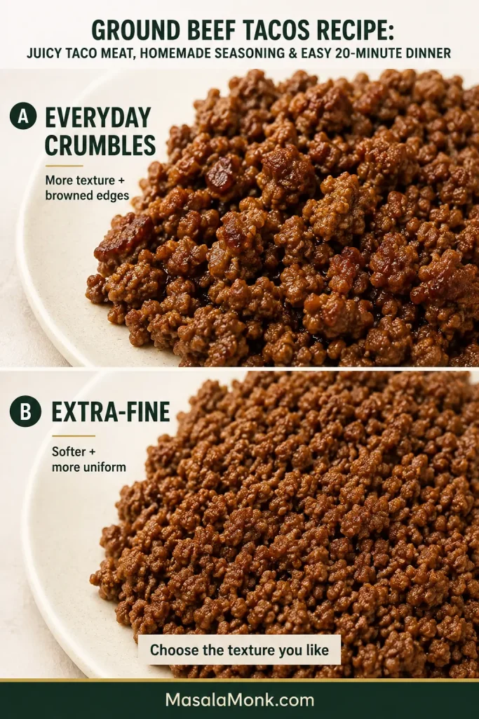 Side-by-side comparison of taco meat textures, with larger irregular browned crumbles in the everyday version and smaller, softer, more uniform crumbles in the extra-fine version.