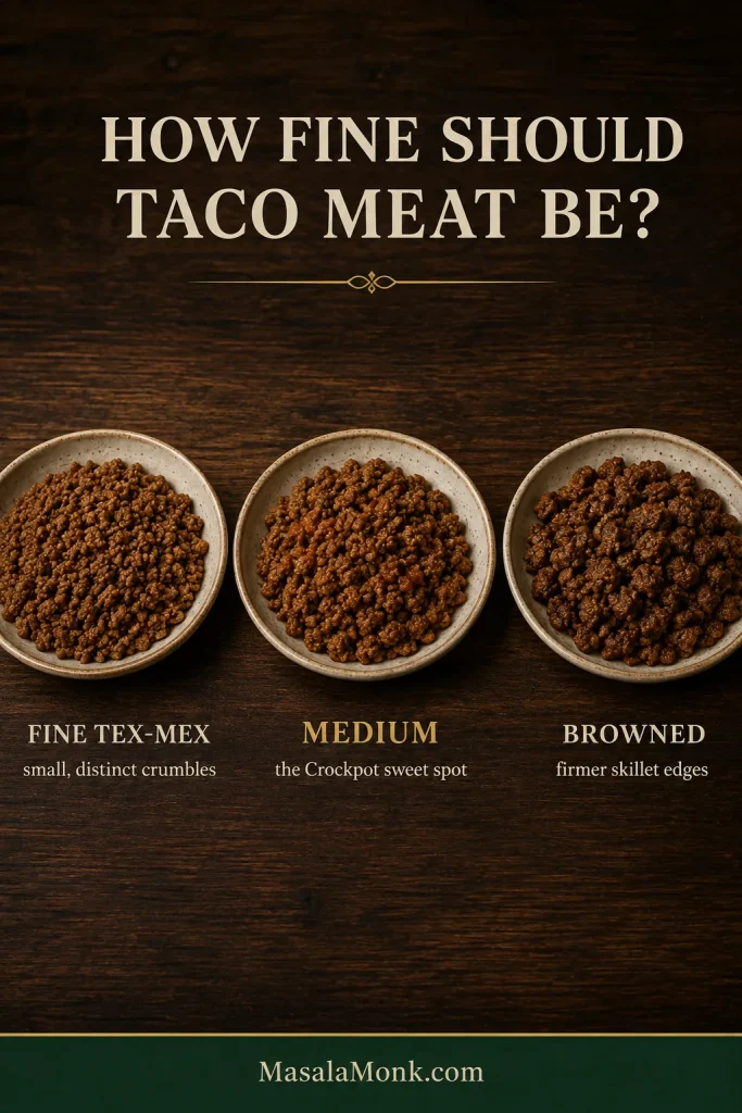 Three matching bowls compare fine Tex-Mex ground beef crumbles, medium slow-cooker taco meat crumbles and firmer skillet-browned pieces with darker edges.