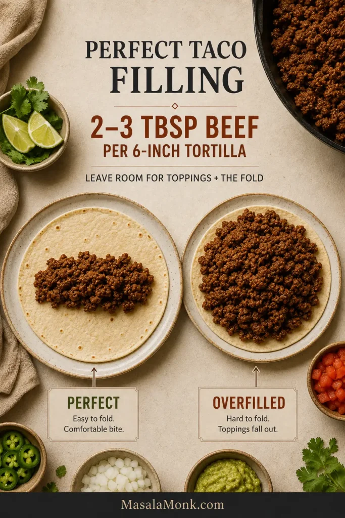 Two six-inch soft tortillas comparing a modest central strip of taco meat with an overfilled tortilla that is harder to fold.