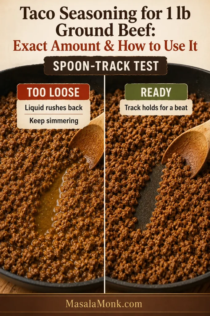 Two taco meat states showing a spoon track filling quickly when the mixture is too loose and holding briefly when the meat is ready.