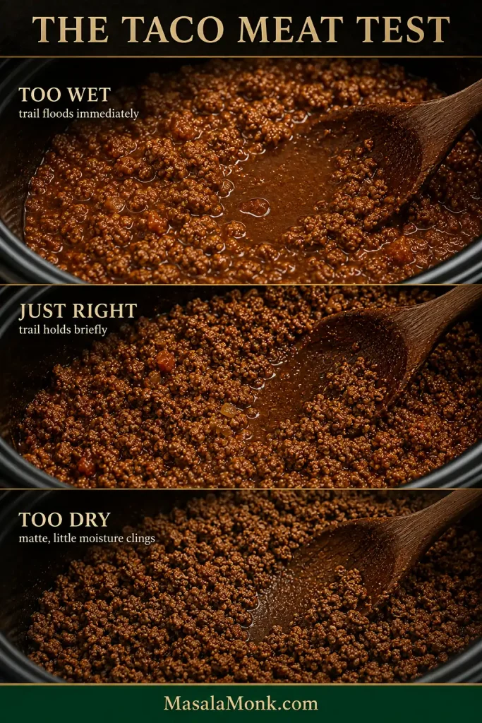 Three matched taco meat samples show too wet, just right and too dry states: the wet trail floods with liquid, the correct trail remains briefly visible, and the dry meat looks matte.