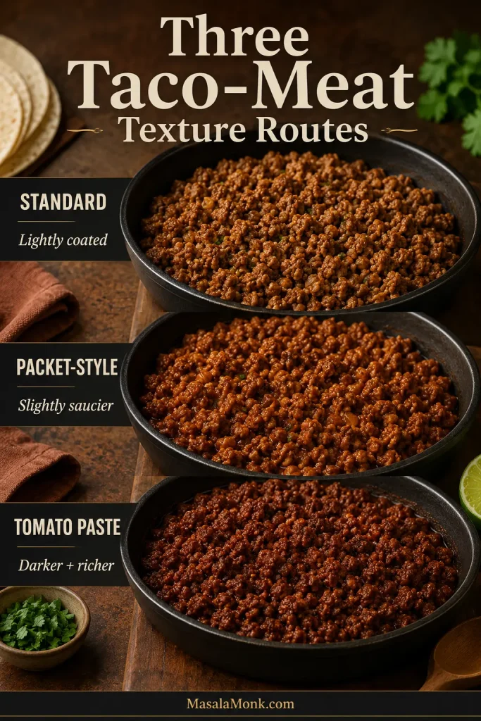 Three taco meat examples comparing standard lightly coated crumbles, thicker packet-style meat, and a darker tomato-paste variation.