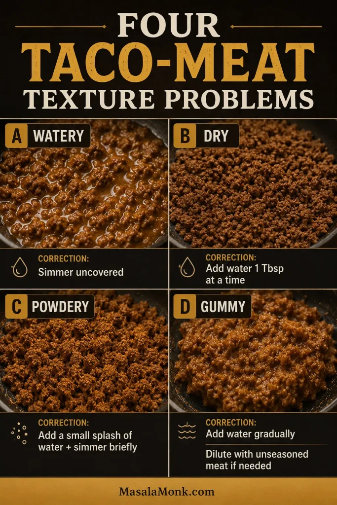 Four taco meat examples showing watery, dry, powdery, and gummy textures with their corresponding fixes.