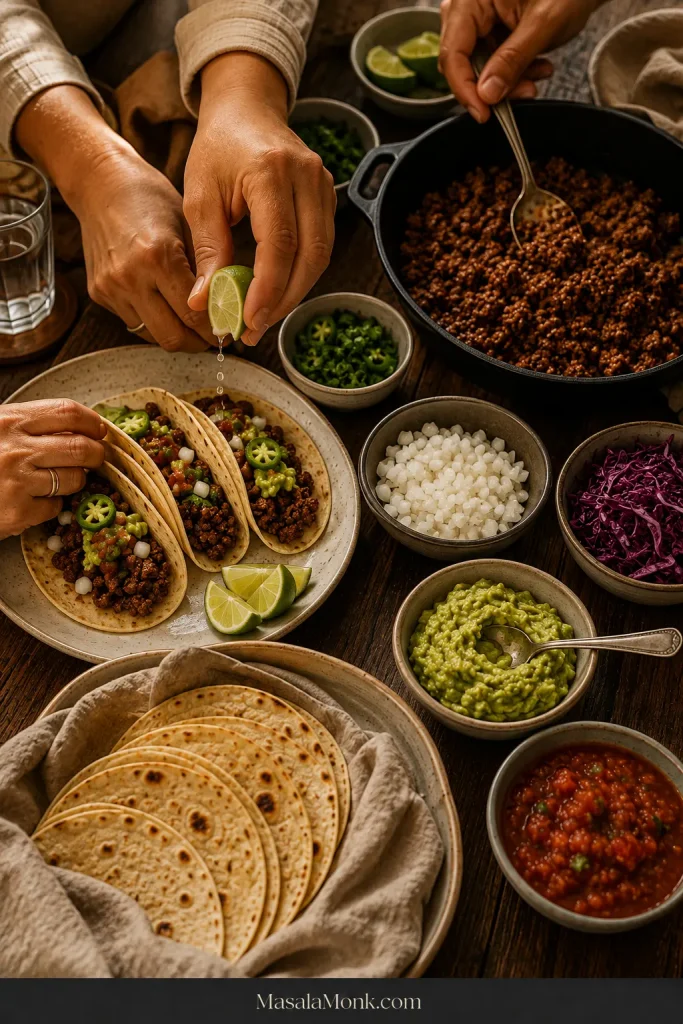 Hands assembling ground beef tacos around a table with seasoned taco meat, warm tortillas, guacamole, salsa, diced onion, cabbage, jalapeños, and lime.