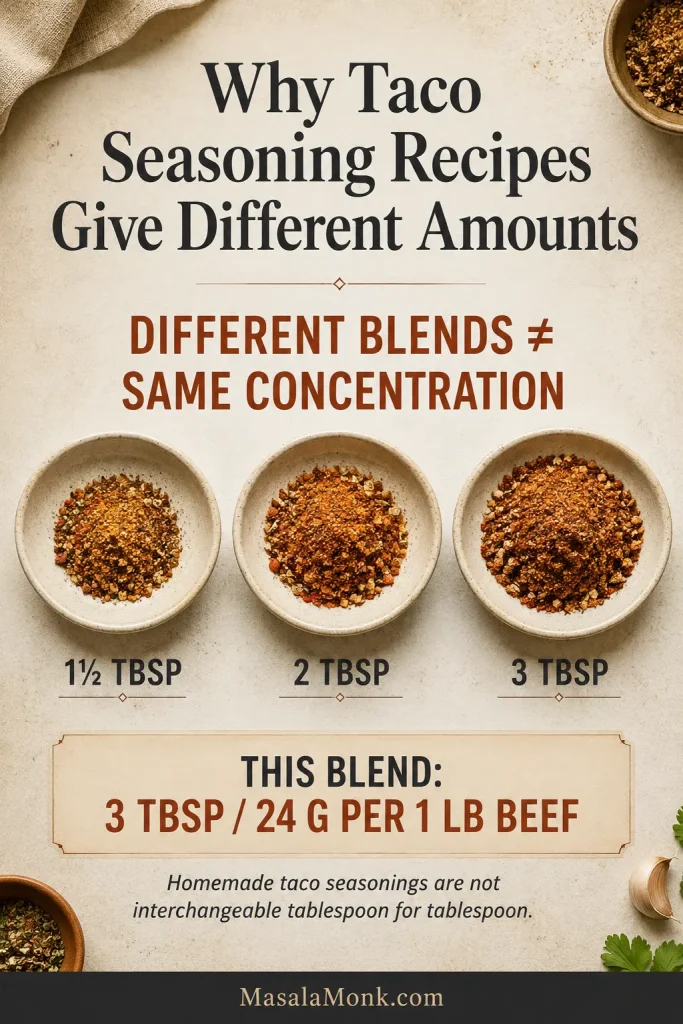 Comparison graphic with taco seasoning blends labeled 1½, 2, and 3 tablespoons per pound to show that different blends have different concentrations.