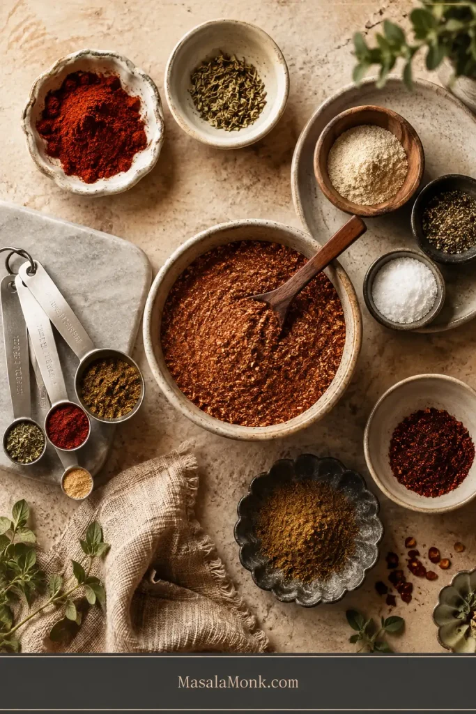 Overhead arrangement of bowls and measuring spoons holding the spices used in the homemade taco seasoning blend.