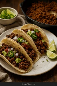 Three soft tacos filled with browned seasoned ground beef, guacamole, salsa, diced onion and jalapeño, with lime wedges and a skillet of taco meat behind them.