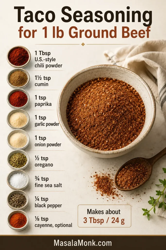 Taco seasoning recipe card for 1 pound of ground beef with chili powder, cumin, paprika, garlic powder, onion powder, oregano, salt, pepper, and optional cayenne.